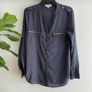 CALVIN KLEIN Button Down V-Neck Long Roll tab Sleeve Gray Casual Shirt Size M